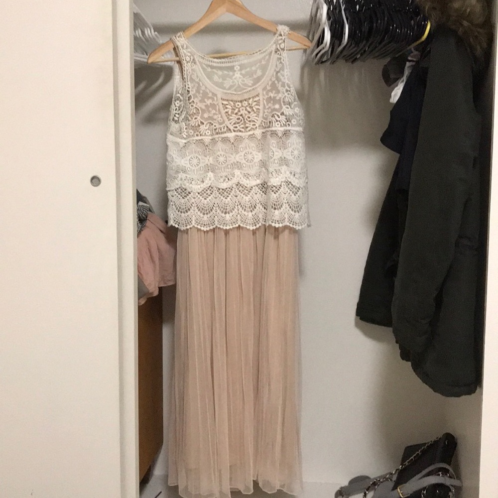 Nude Lace Top Sleeveless Tulle Maxi Dress